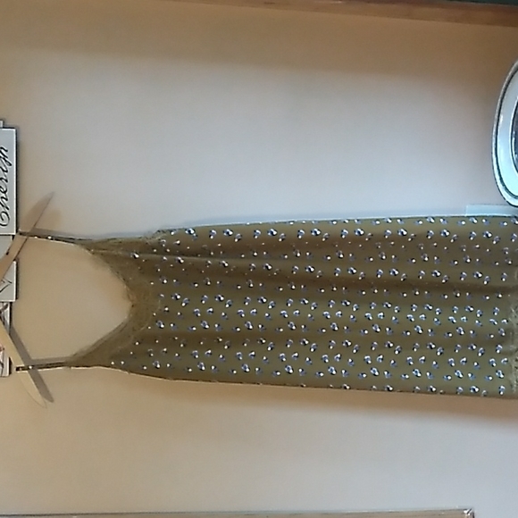 ⚜️Gauze Blue Roses on Tobacco Brown Dress  Sz  LG - Picture 3 of 15